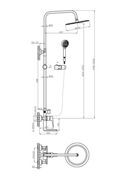 BELBAGNO Ancona Душевая стойка со смесителем для ванны, верхним и ручным душем, хром ANCONA-VSCM-CRM. Диаметр верхнего душа 25 см. - фото 219957