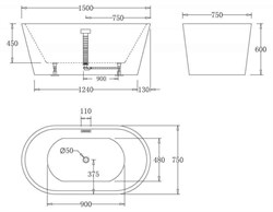 BELBAGNO Ванна акриловая BB71-1500, 1500x750x600, отдельностоящая, размер 150х75 см, белая - фото 224197