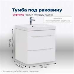 AQUANET Тумба под раковину подвесная София 60 белый глянец (2 ящика) AQUANET-288905 - фото 307406