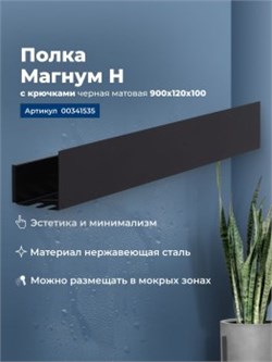 AQUANET Полка Магнум Н 90x12 черная матовая, с крючками AQUANET-341535 - фото 321707