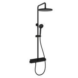 SANCOS Душевая стойка Teo c термостатом, встроенным изливом, полкой и с регулировкой по высоте штанги, c верхним душем ?250 мм , ручным душем ?100 мм, 3 режима, цвет черный матовый, арт. SC11002MB SC11002MB