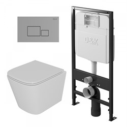DK Комплект Унитаз подвесной безободковый Berlin DT1436016, 490*340*350мм, сиденье микролифт, белый+Инсталляция рамная скрытого монтажа DI8055119, 550*100*1190мм, для подвесного унитаза, универсальная+Клавиша смыва Quadro DB1519001, хром DS1431606