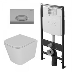 DK Комплект Унитаз подвесной безободковый Berlin DT1436016, 490*340*350мм, сиденье микролифт, белый+Инсталляция рамная скрытого монтажа DI8055119, 550*100*1190мм, для подвесного унитаза, универсальная+Клавиша смыва Rhein.Marx DB1399001, хром DS1431609