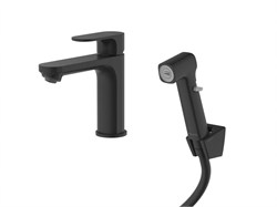 AQUATEK Alpha Смеситель для раковины 110 без донного клапана с гигиеническим ручным душем, матовый черный AQ1912MB