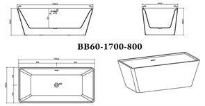 BELBAGNO Ванна акриловая BB60-1700-800, отдельностоящая, размер 170х80 см, белая