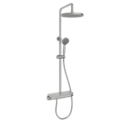 SANCOS Душевая стойка Teo c термостатом, встроенным изливом, полкой и с регулировкой по высоте штанги, c верхним душем ?250 мм , ручным душем ?100 мм, 3 режима, цвет хром, арт. SC11002CH SC11002CH