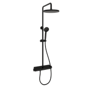 SANCOS Душевая стойка Teo c термостатом, встроенным изливом, полкой и с регулировкой по высоте штанги, c верхним душем ?250 мм , ручным душем ?100 мм, 3 режима, цвет черный матовый, арт. SC11002MB SC11002MB