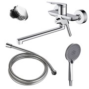 AZARIO Смеситель для ванны Lursy керамический картридж, длинный излив, с ручным душем, шланг 150 см, хром (AZ-K1749) AZ-K1749