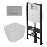 DK Комплект Унитаз подвесной безободковый Quadro DT1516016, 530*360*365мм, сиденье микролифт, белый+Инсталляция рамная скрытого монтажа DI8055119, 550*100*1190мм, для подвесного унитаза, универсальная+Клавиша смыва Quadro DB1519001, хром DS1511606