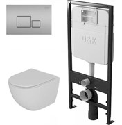 DK Комплект Унитаз подвесной безободковый (торнадо) D&K Matrix DT1396516, 490*370*360мм, сиденье микролифт, белый+Инсталляция рамная скрытого монтажа D&K DI8055119, 550*100*1190мм, для подвесного унитаза, универсальная+Клавиша смыва D&K Quadro DB1519002, DS1391612