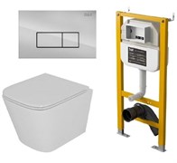 DK Комплект Унитаз подвесной безободковый (торнадо) D&K Berlin DT1436516, 490*340*350мм, сиденье микролифт, белый+Инсталляция рамная скрытого монтажа D&K DI8050127, 500*117*1270мм, для подвесного унитаза, универсальная+Клавиша смыва D&K Rhein DB1499001, х DS1431628