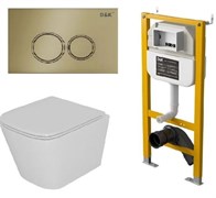 DK Комплект Унитаз подвесной  безободковый D&K Berlin DT1436016+Инсталляция рамная скрытого монтажа D&K DI8050127, 500*117*1270мм, для подвесного унитаза+Клавиша смыва D&K Bayern DB1529007, матовое золото DS1431630